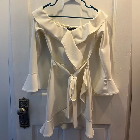 Boohoo | Dresses | Boohoo White Offtheshoulder Ruffled Wrap Tie Dress |  Poshmark